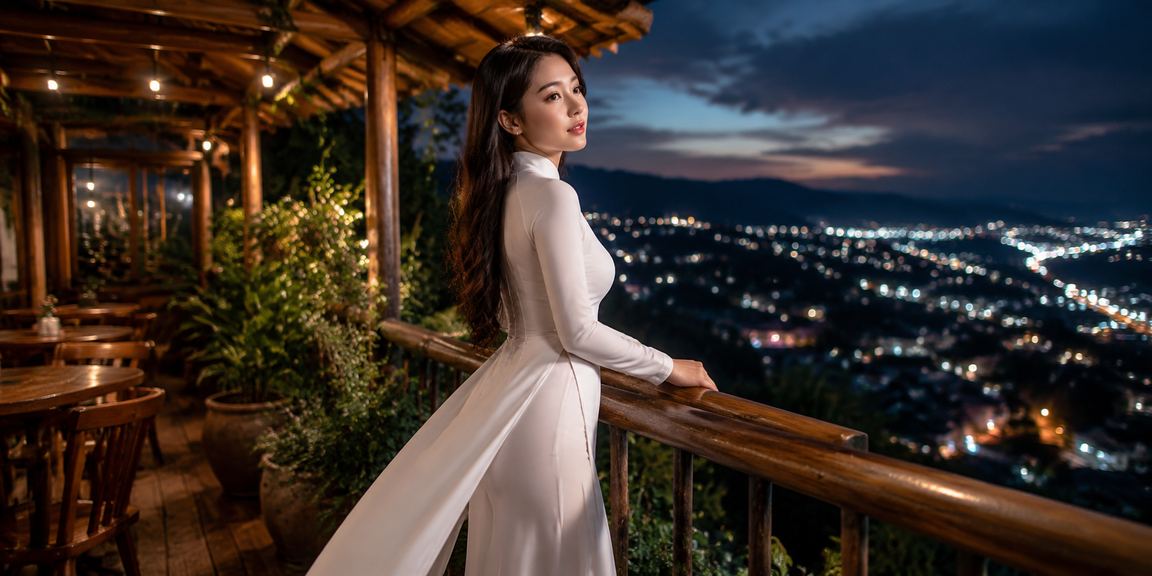 Người chơi tại Đà Lạt mặc áo dài truyền thống sử dụng thiết bị di động trong không gian giải trí