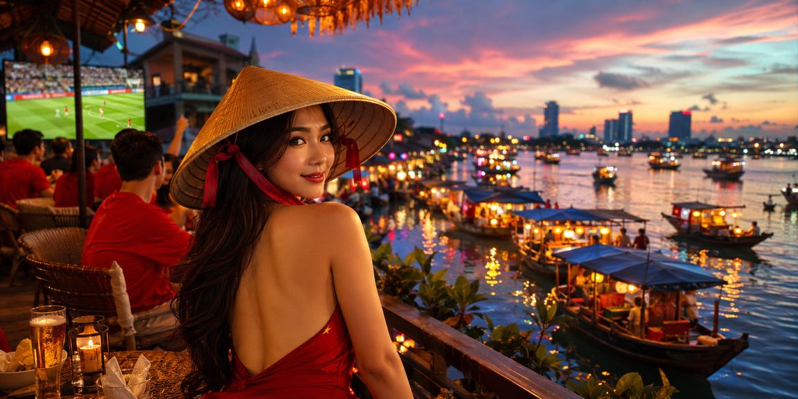 Người hâm mộ bóng đá tại Hà Nội đội nón lá xem trận đấu và đặt cược trên điện thoại
